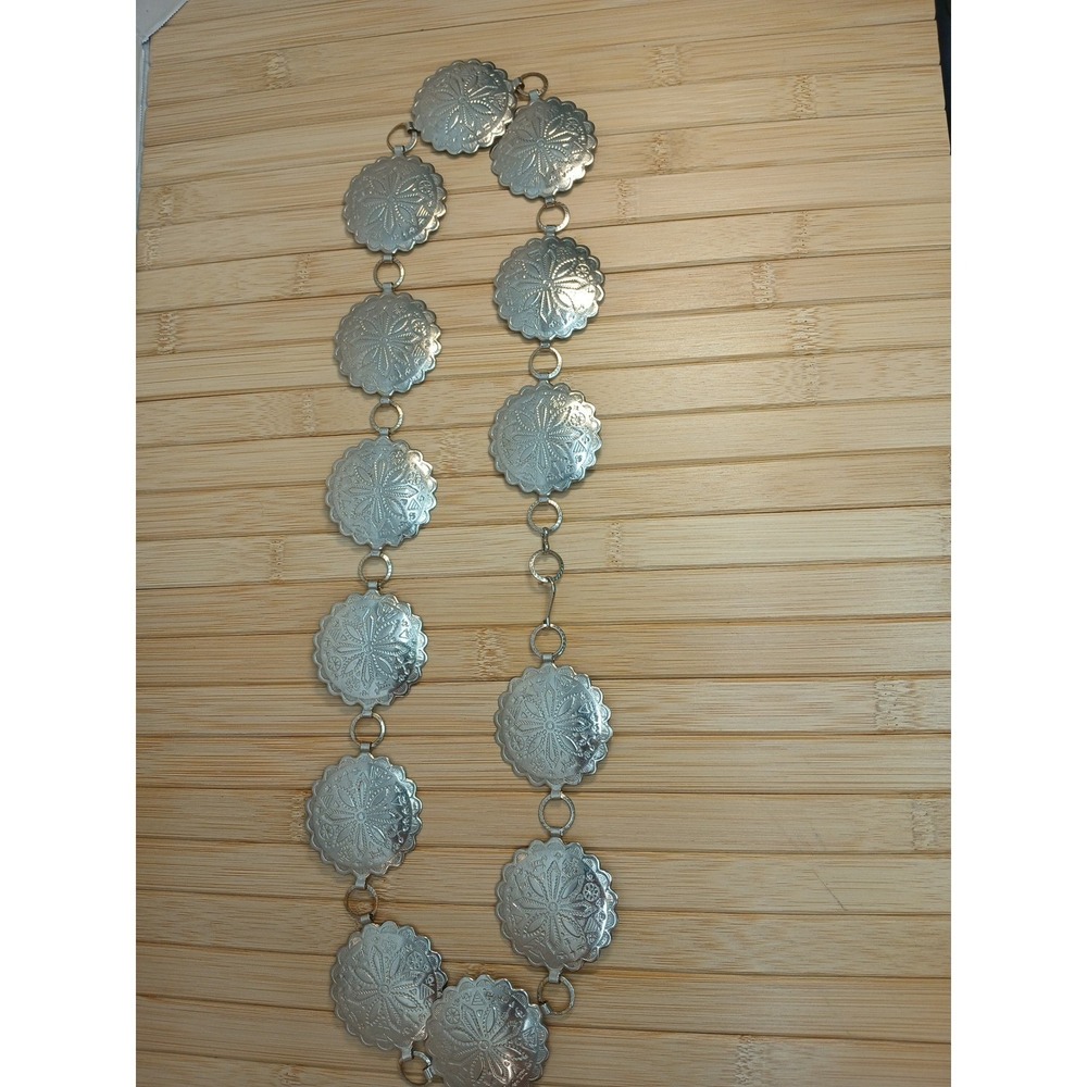 Vintage Silver Tone Stamped Concho Chain Belt Southwestern Boho Scalloped 36in